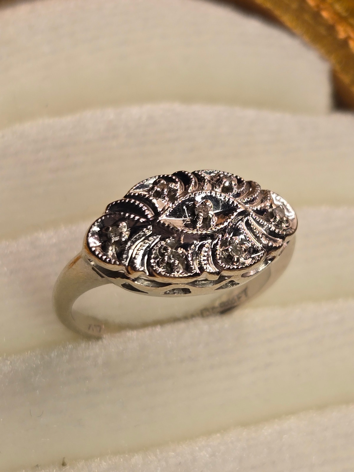 Vintage Art Deco 14k White Gold Diamond Filigree Ring Petite Size 4 Openwork